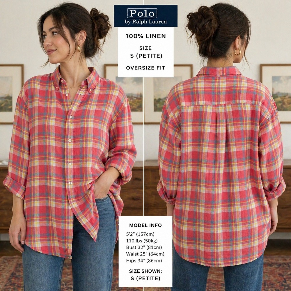 Polo Ralph Lauren Oversize Fit Plaid Linen Shirt Red Yellow Petite Small S/P